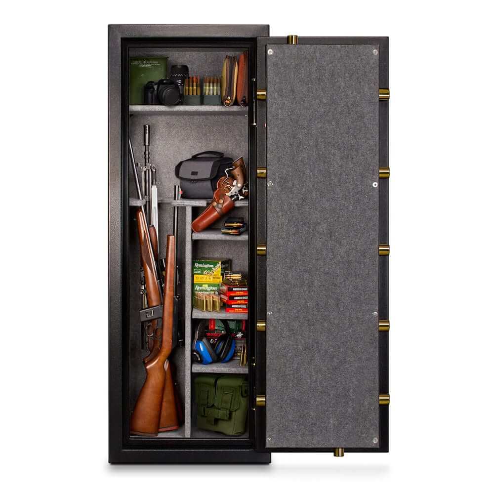 Mesa Gun Safe MBF5922C with 14 gun capacity, showcasing rifles, handguns, and ammunition storage.