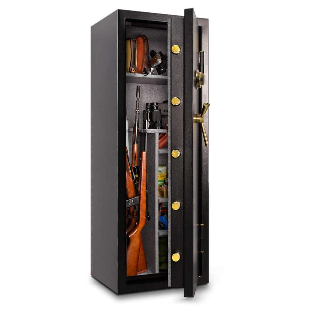 Mesa Gun Safe MBF5922C with 14 gun capacity, combination lock, and all steel construction featuring secure storage for firearms.