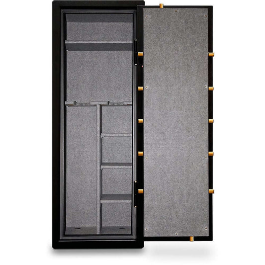 Interior of Mesa Gun Safe MBF5922C, featuring storage space and combination lock. 