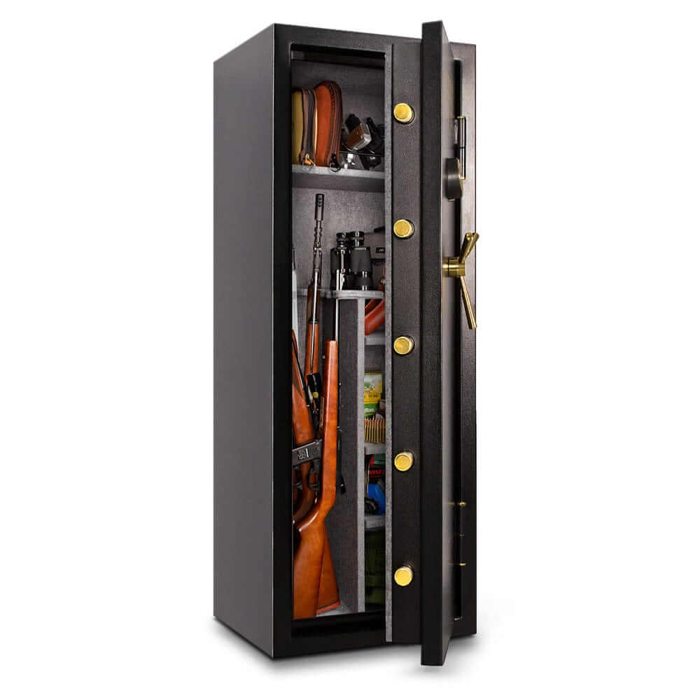 Mesa gun safe MBF5922E with electronic lock, featuring 14 gun capacity and all steel construction for fire and burglary protection.