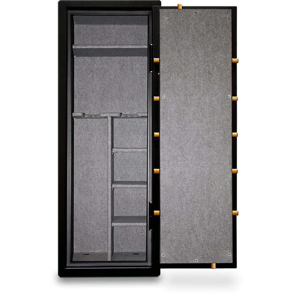 Interior view of Mesa Gun Safe MBF5922E showcasing all-steel construction and gun storage compartments.