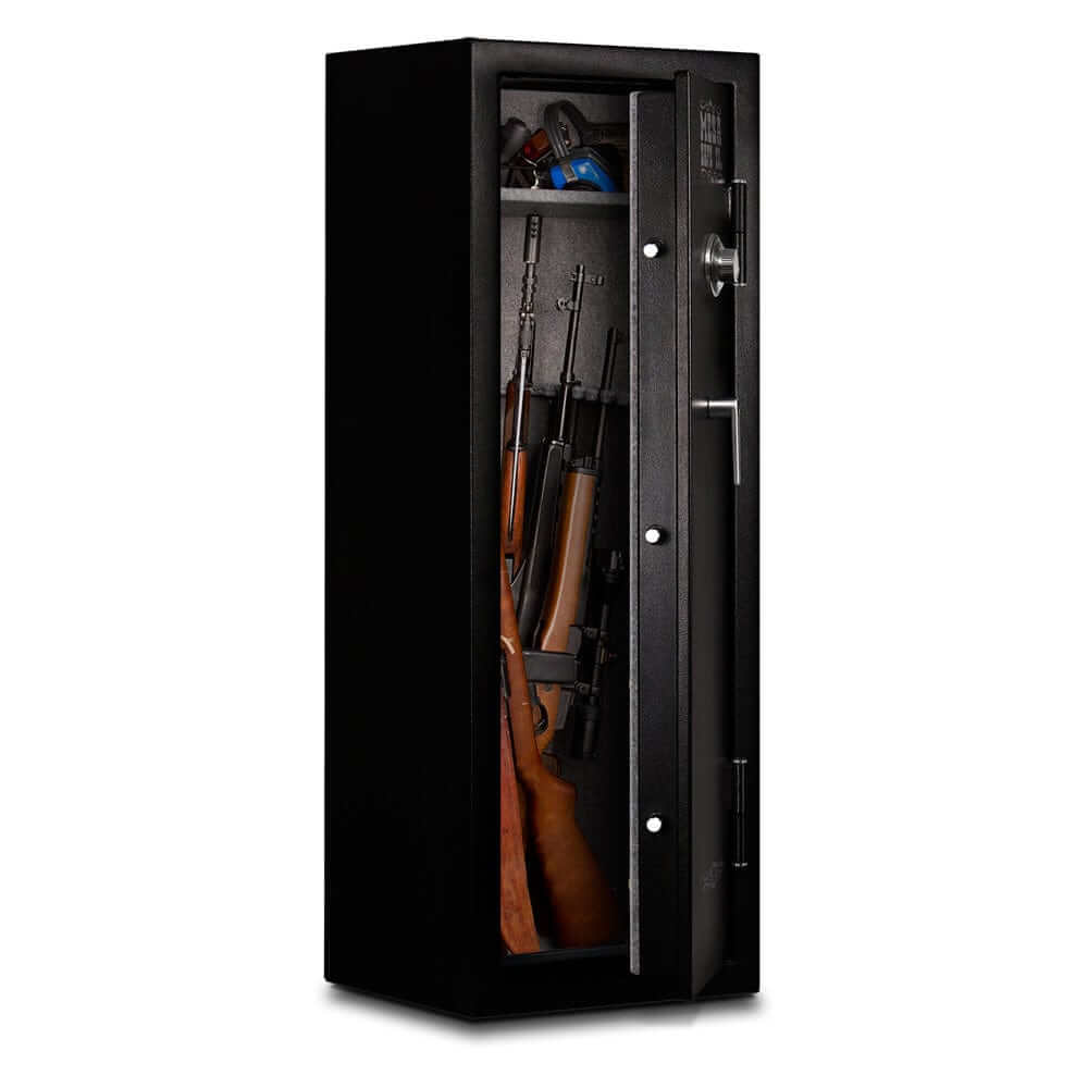 Mesa MGL14C gun safe with combination lock and 14 rifle capacity, showcasing secure storage for firearms.