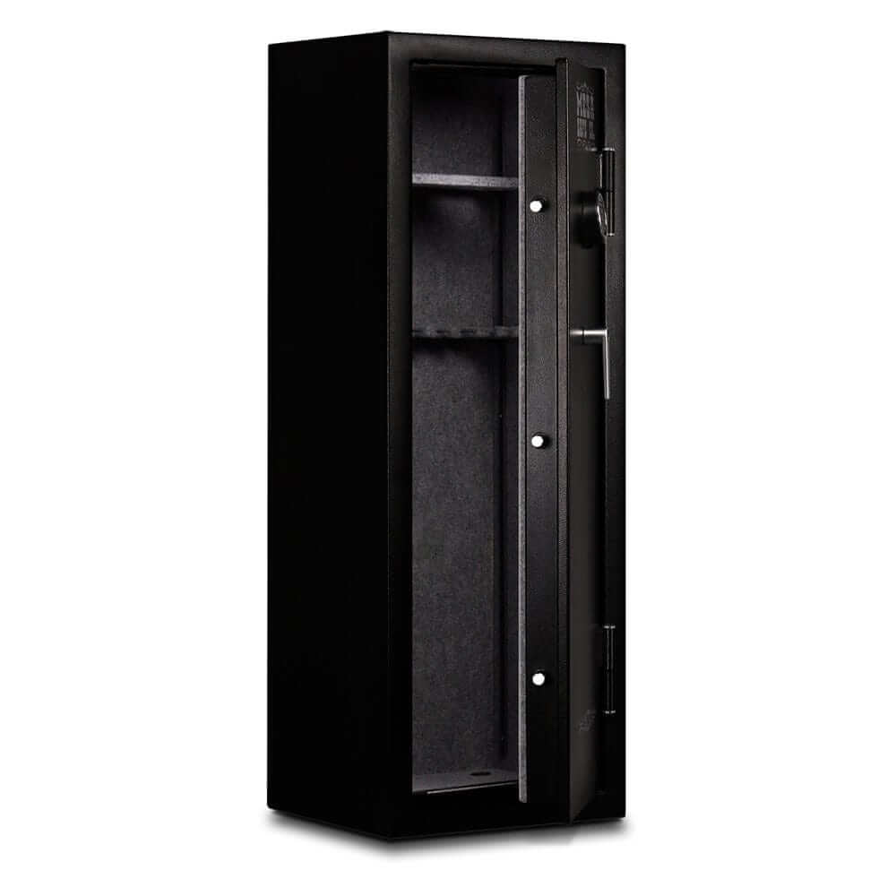 Mesa Gun Safe MGL14E with electronic lock, storage for 14 rifles, solid steel construction, and fire rating.