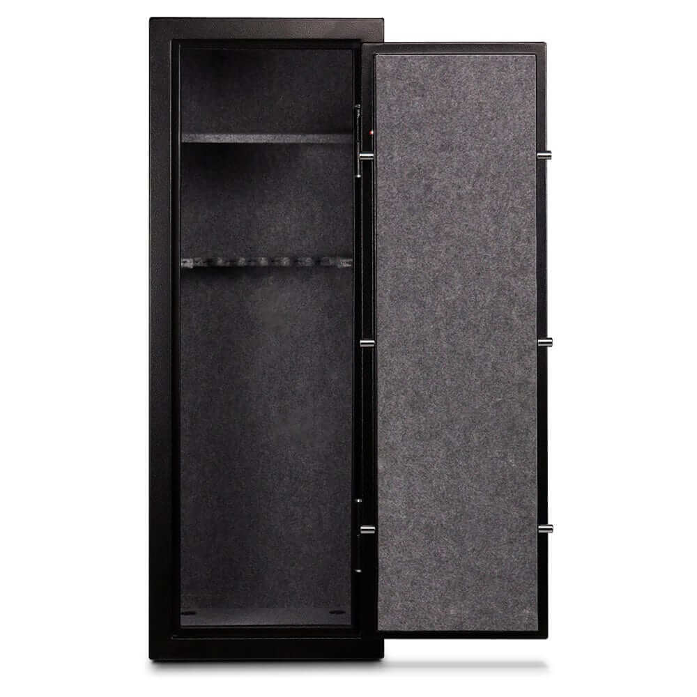 Open Mesa MGL14E Gun Safe, showcasing interior with space for 14 rifles, featuring durable steel construction and secure felt lining.