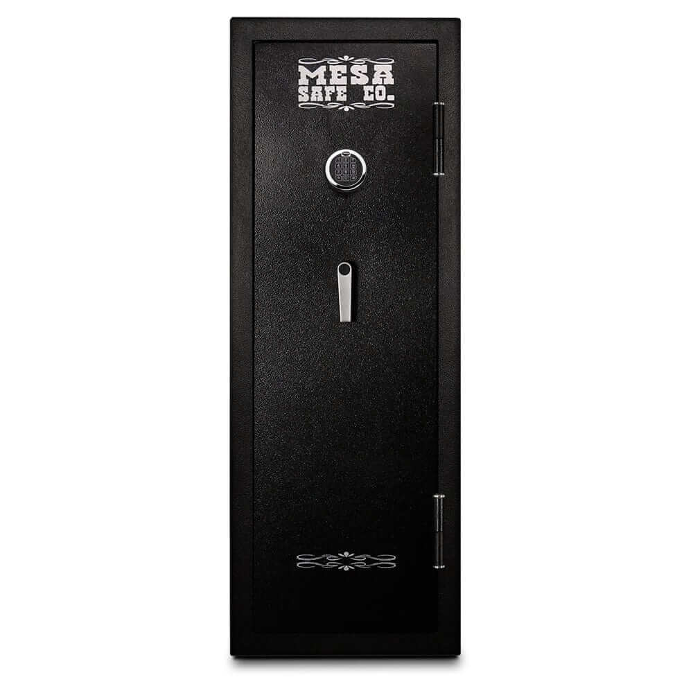 Mesa Gun Safe MGL14E model with electronic lock, designed for 14 rifle capacity, showcasing solid steel construction.