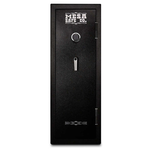 Mesa Gun Safe MGL14E model with electronic lock, designed for 14 rifle capacity, showcasing solid steel construction. 