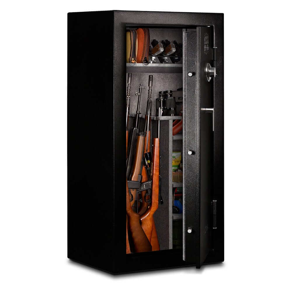 Mesa MGL24C gun safe with 24 rifle capacity and combination lock, featuring a secure interior and sturdy construction.