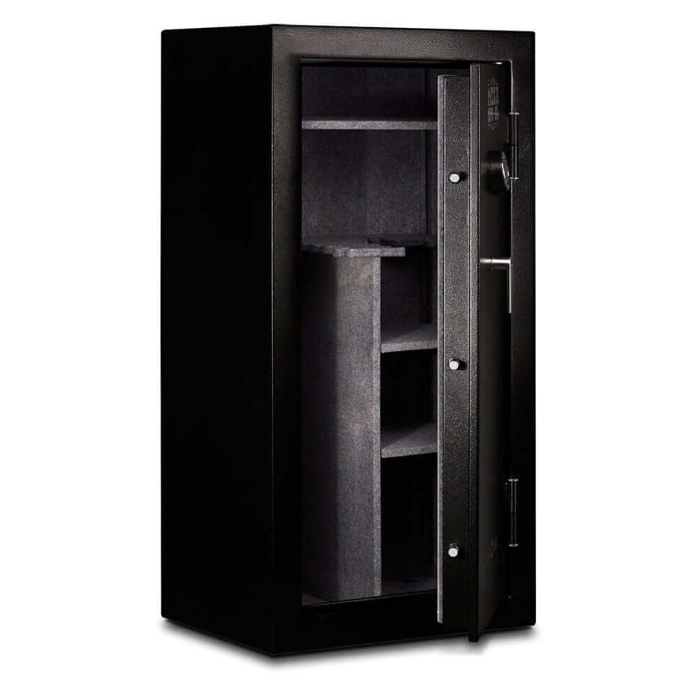 Mesa MGL24E gun safe with open door showcasing interior shelving and electronic lock, designed for 24 rifles.