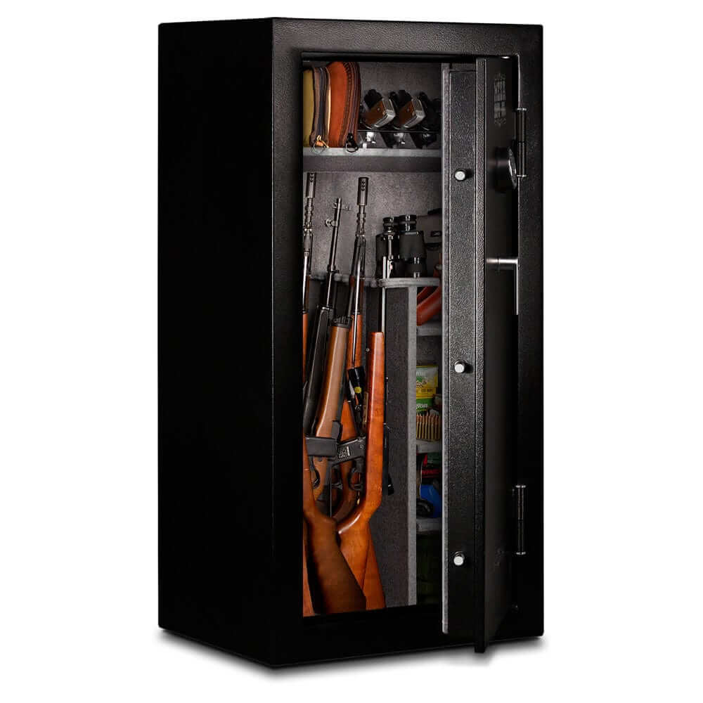 Mesa MGL24E gun safe with 24 rifle capacity, electronic lock, and interior storage.