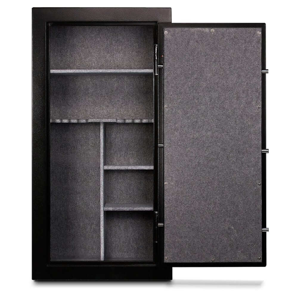 Interior view of a Mesa Gun Safe with multiple storage compartments and a gray felt lining, designed for security and organization.