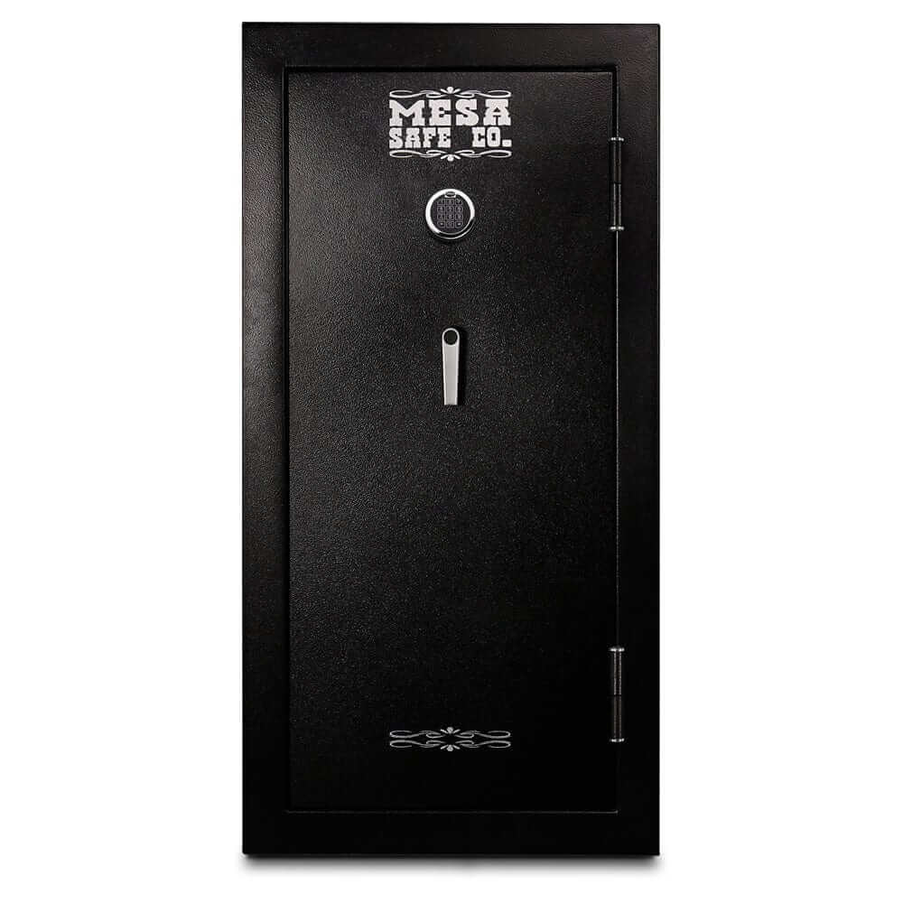 Mesa Gun Safe MGL24E featuring electronic lock, secure storage for 24 rifles, and durable 12 gauge steel construction.