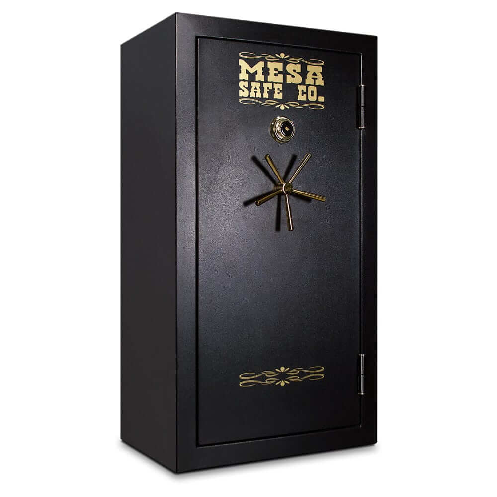 Mesa Gun Safe with 30 gun capacity, combination lock, and durable steel construction for fire protection.