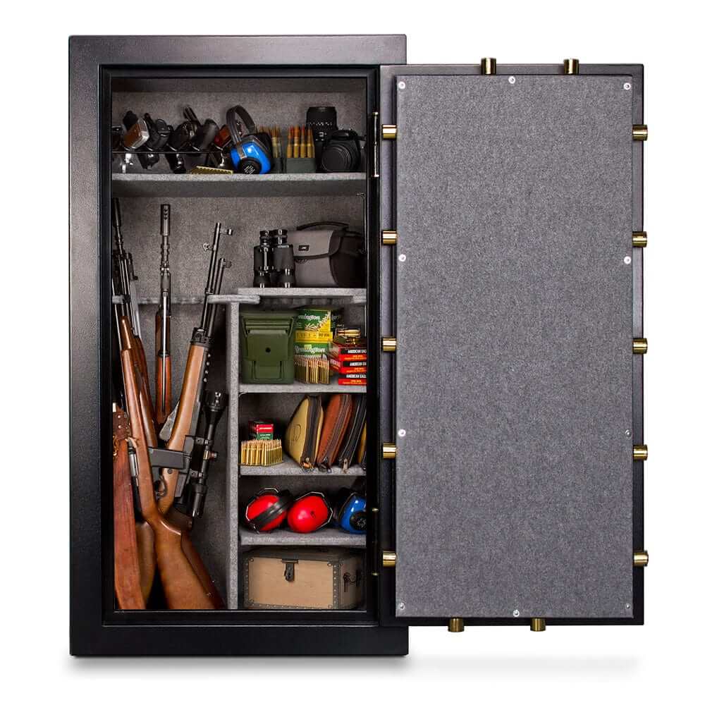 Open Mesa Gun Safe showcasing 30 gun capacity with firearms, ammunition, and accessories organized inside.