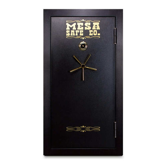 Mesa Gun Safe MBF6032C with combination lock and gold accents, designed for security and fire protection. 