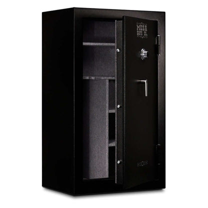 Mesa MGL36C gun safe with combination lock, capacity for 36 rifles, 30-minute fire rating, and secure black steel design.