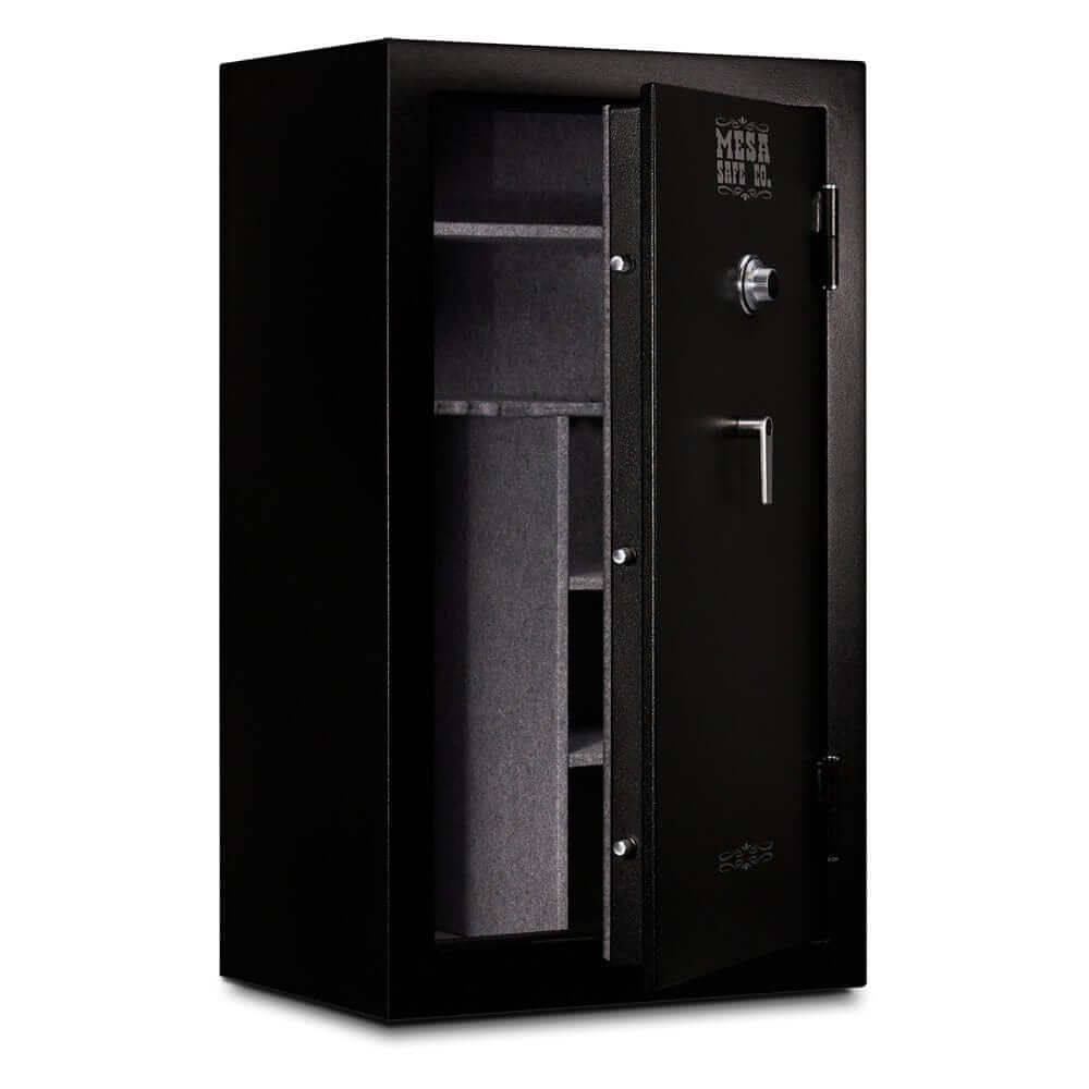 Mesa MGL36C gun safe with combination lock, capacity for 36 rifles, 30-minute fire rating, and secure black steel design.