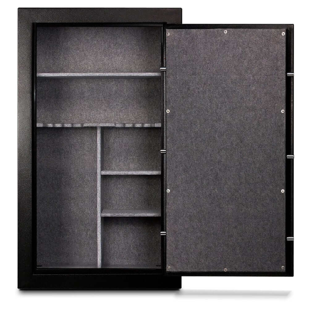 Interior view of Mesa MGL36C Gun Safe with shelving and plush lining for rifle storage.