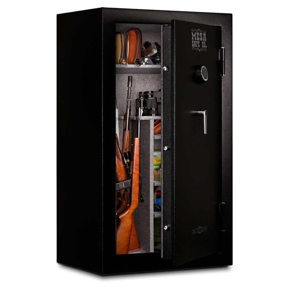 Mesa MGL36E Gun Safe with door open, displaying capacity for 36 rifles and secure storage features.