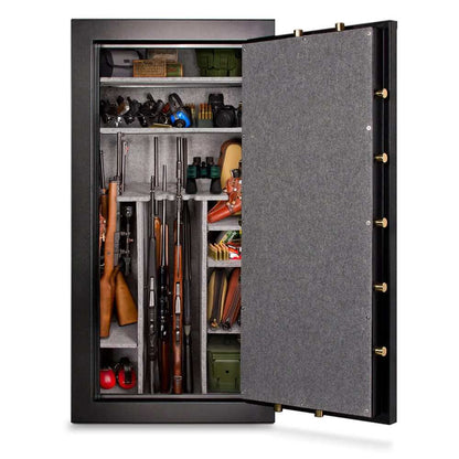 Mesa Gun Safe MBF7236C with 42 gun capacity, featuring all steel construction and organized interior for firearms.
