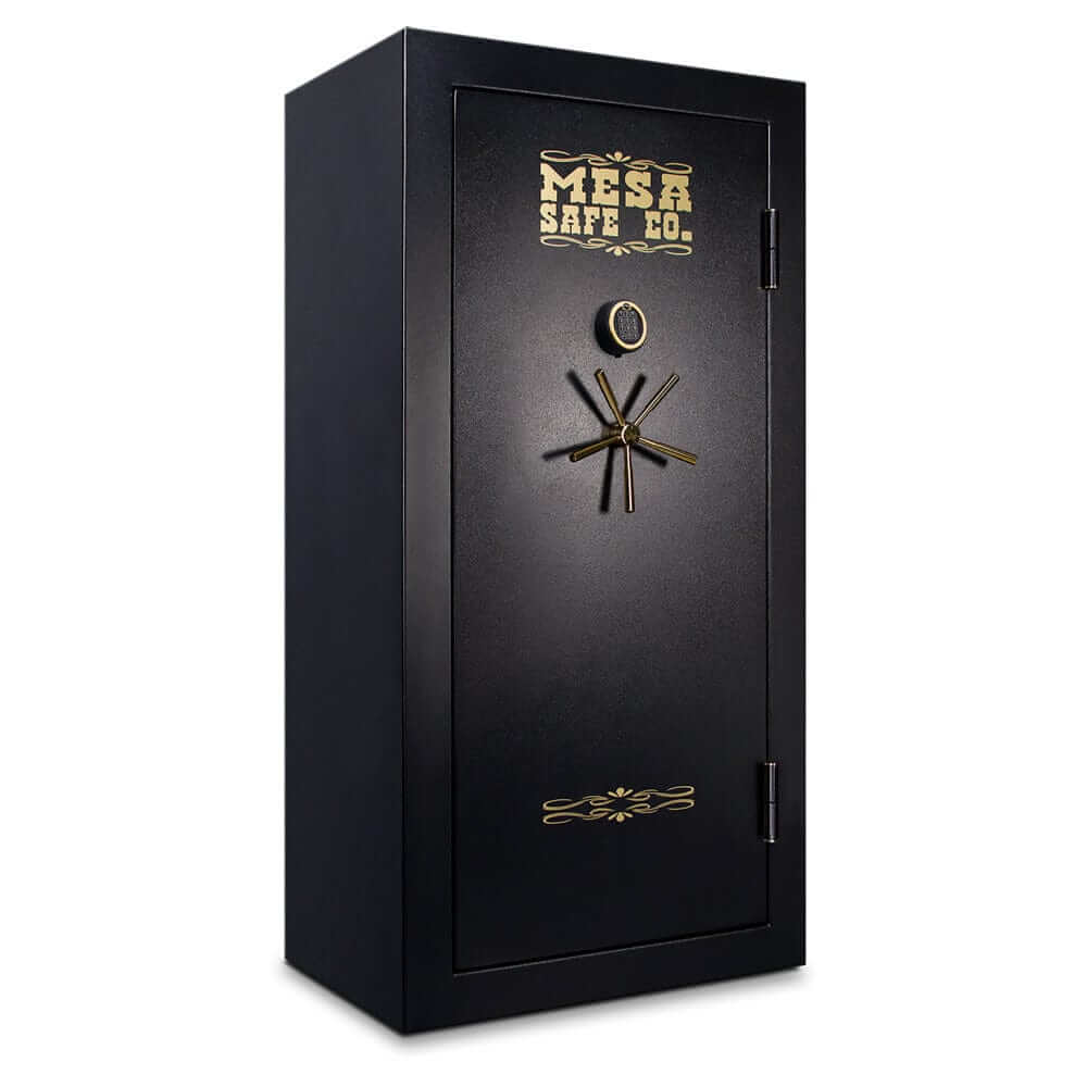 Mesa Gun Safe with electronic lock, 42 gun capacity and all steel construction, offering fire and burglary protection.