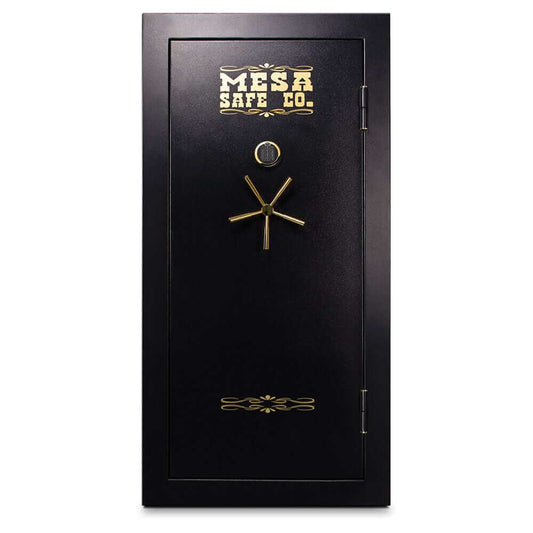 Mesa gun safe with electronic lock and gold accents, designed for 42 gun capacity and fire protection.