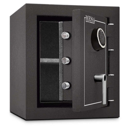 Mesa Safe MBF1512E electronic lock burglary and fire safe, 1.7 cu. ft. storage, black exterior design.