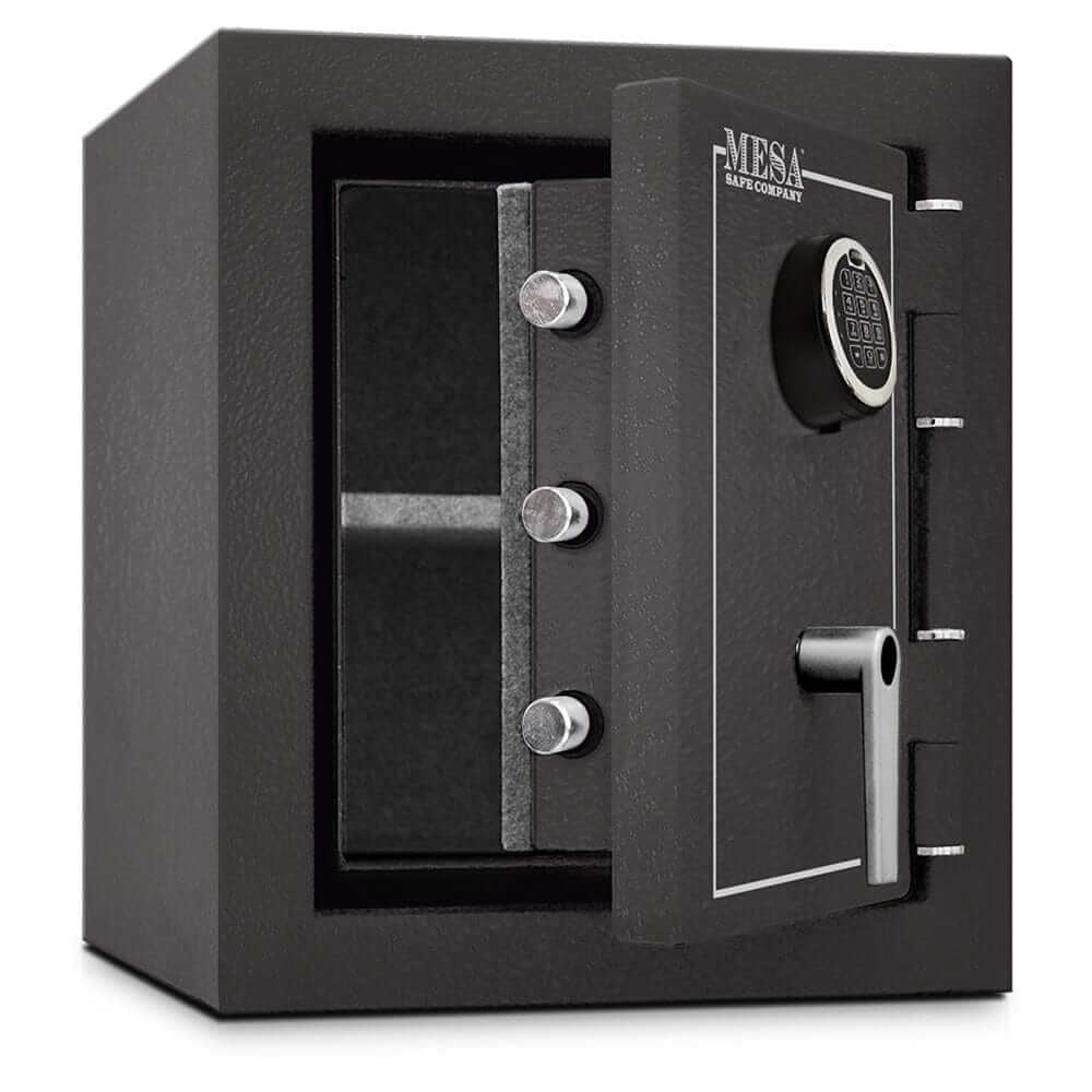 Mesa Safe MBF1512E electronic lock burglary and fire safe, 1.7 cu. ft. storage, black exterior design.