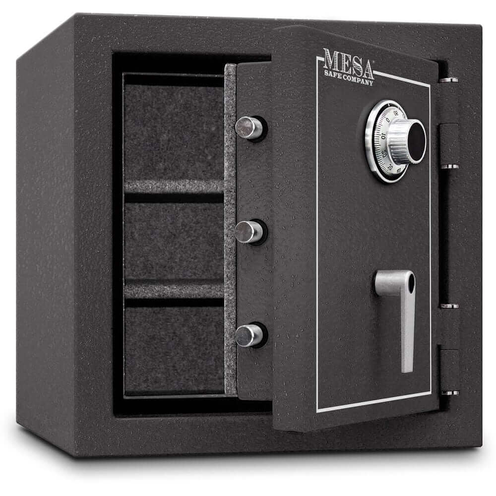 Mesa Safe MBF2020C 2-hour burglary and fire safe with combination lock, protecting valuables and firearms.