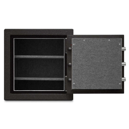 Interior view of Mesa Safe 2-Hour Burglary & Fire Safe MBF2020C with combination lock, featuring shelves and gray interior.
