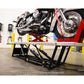 QuickJack portable car lift with motorcycle on it, showcasing 5,000 lb capacity and adjustable lift height.