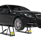 Portable car lift lifting a black sedan, showcasing its 5000 lb capacity and quick setup.