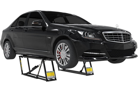 Portable car lift lifting a black sedan, showcasing its 5000 lb capacity and quick setup. 
