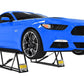 Blue Ford Mustang elevated on QuickJack 5000TLX portable car lift showcasing its 5000 lb capacity.