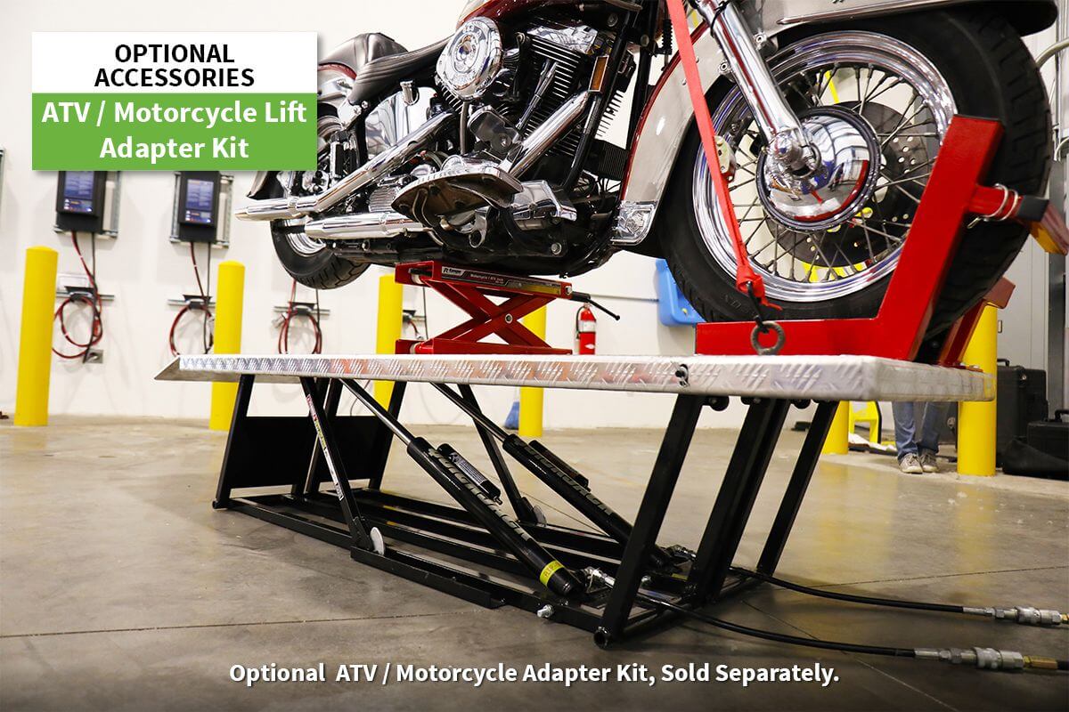 ATV/Motorcycle lift adapter kit with bike raised for easy maintenance and repairs.