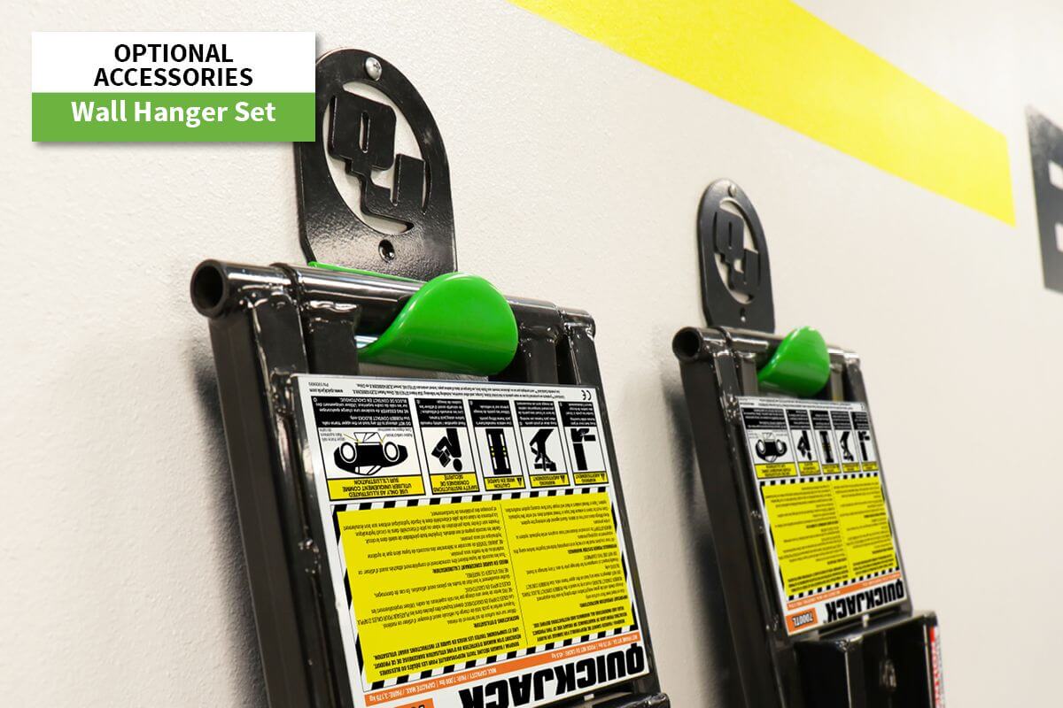 QuickJack optional wall hanger set with clear safety instructions displayed, designed for organized storage.