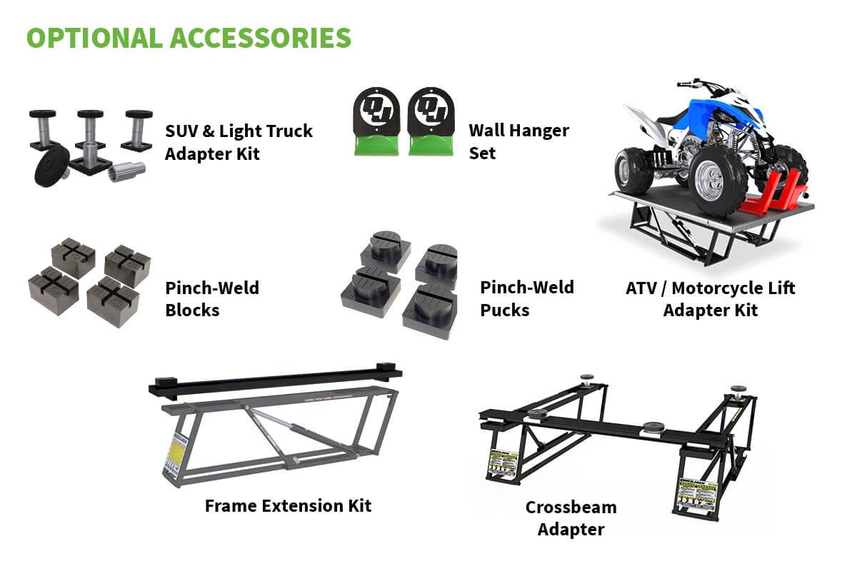 Image showcasing optional accessories for QuickJack: SUV adapters, wall hangers, pinch-weld blocks, and more.