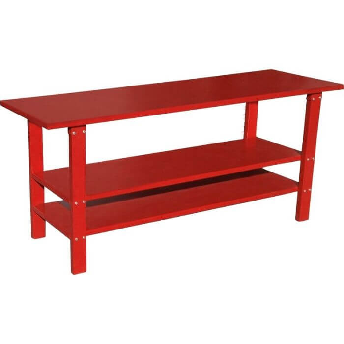 Ranger RWB-2S dual-shelf workbench with durable red finish and robust construction for optimal storage and workspace efficiency. 