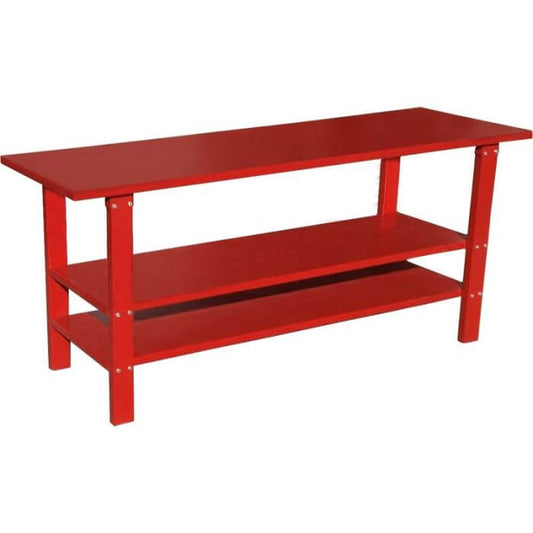 Ranger RWB-2S dual-shelf workbench with durable red finish and robust construction for optimal storage and workspace efficiency. 