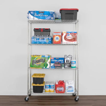 SafeRacks 4-tier wire rack displaying a variety of organized household supplies and storage containers.