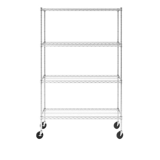 SafeRacks 18x36x72 4-tier wire rack with adjustable shelves and rolling casters for versatile storage.