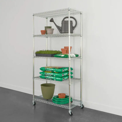 SafeRacks 5-tier wire rack displaying plants, pots, watering can, and garden supplies for efficient organization.