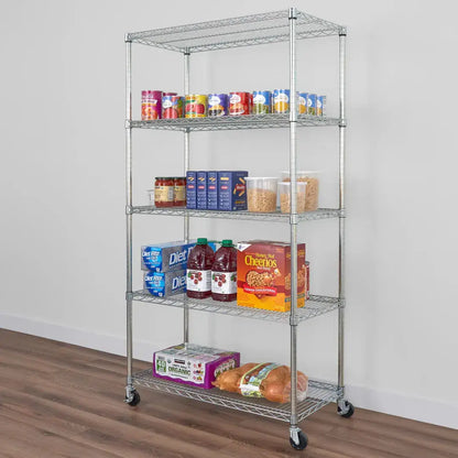 SafeRacks 5-tier wire rack with groceries and canned goods, offering durable storage and organization.