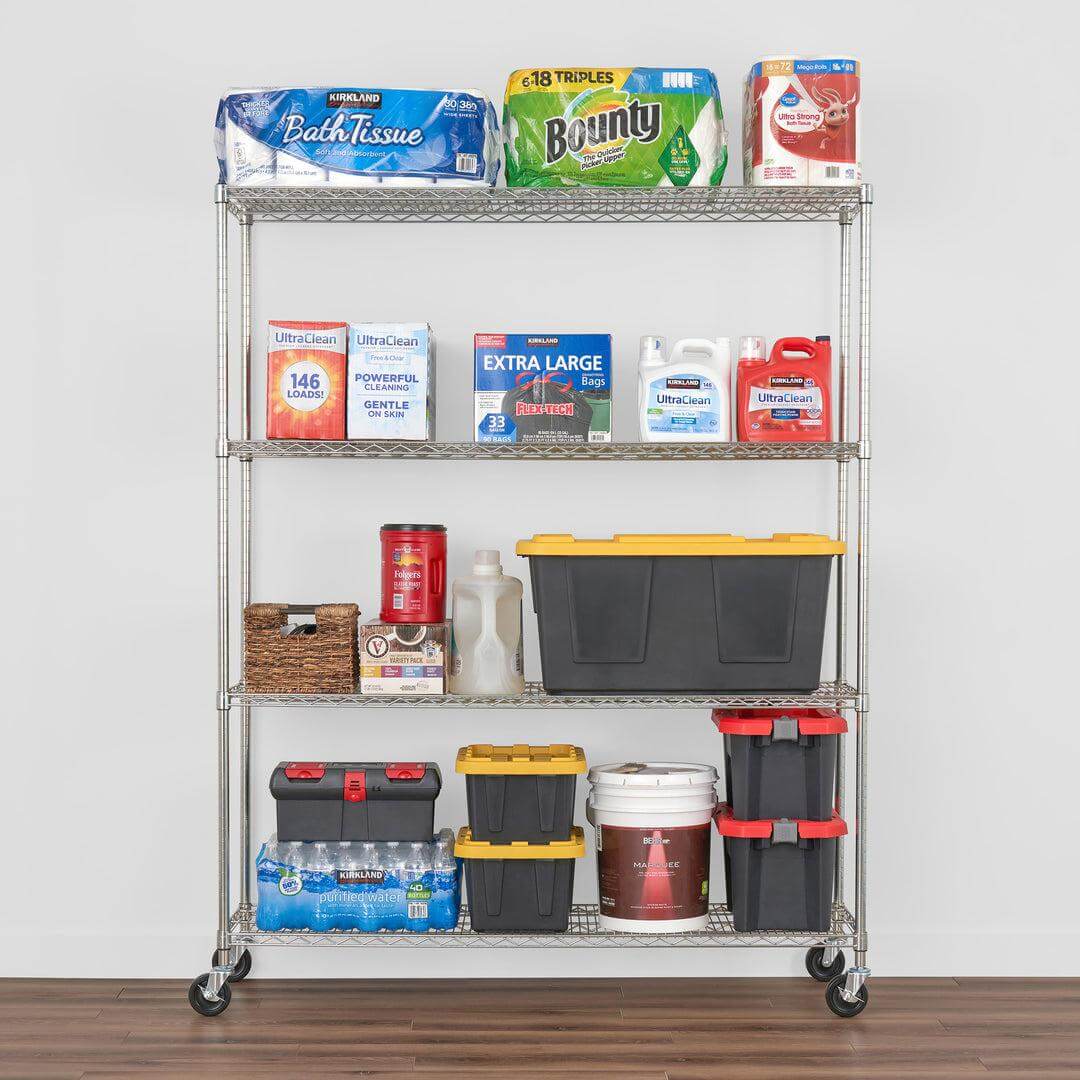 SafeRacks 4-tier wire rack displaying organized household products and storage bins in a clean setting.