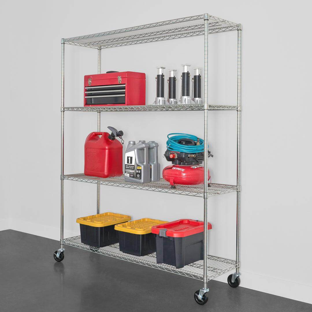 SafeRacks 4-tier wire rack with various storage containers, perfect for organization in garages or kitchens.