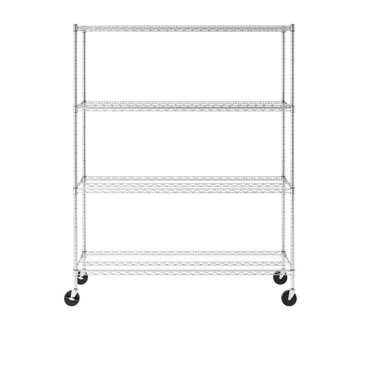 SafeRacks 18x48x72 4-tier wire rack with adjustable shelves and wheels for easy mobility and storage solutions.