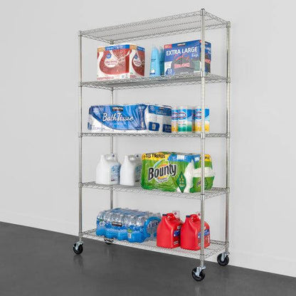 5-tier wire rack with fully stocked shelves of cleaning supplies and paper products for organized storage.