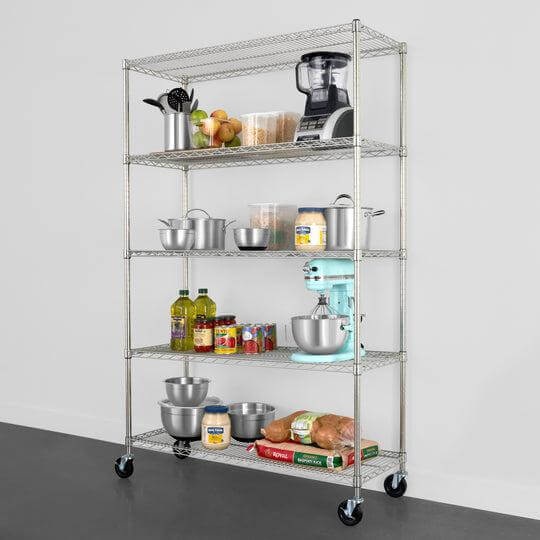 SafeRacks 5-tier wire rack with adjustable shelves, displaying kitchen appliances and storage containers.