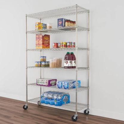 SafeRacks 6-tier wire rack with adjustable shelves storing boxes and beverages, ideal for kitchens and garages.