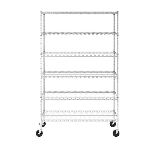 SafeRacks 18" x 48" x 72" 6-tier wire rack with adjustable shelves and caster wheels for easy mobility.