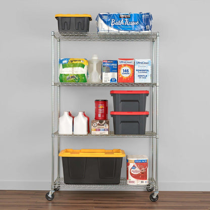 4-tier wire rack storage solution showing organized items like bins and cleaning supplies on adjustable shelves.